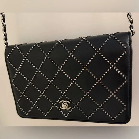 Chanel black Swarovski crystal woc wallet on a chain mini flap classic cc RARE - Picture 10 of 15